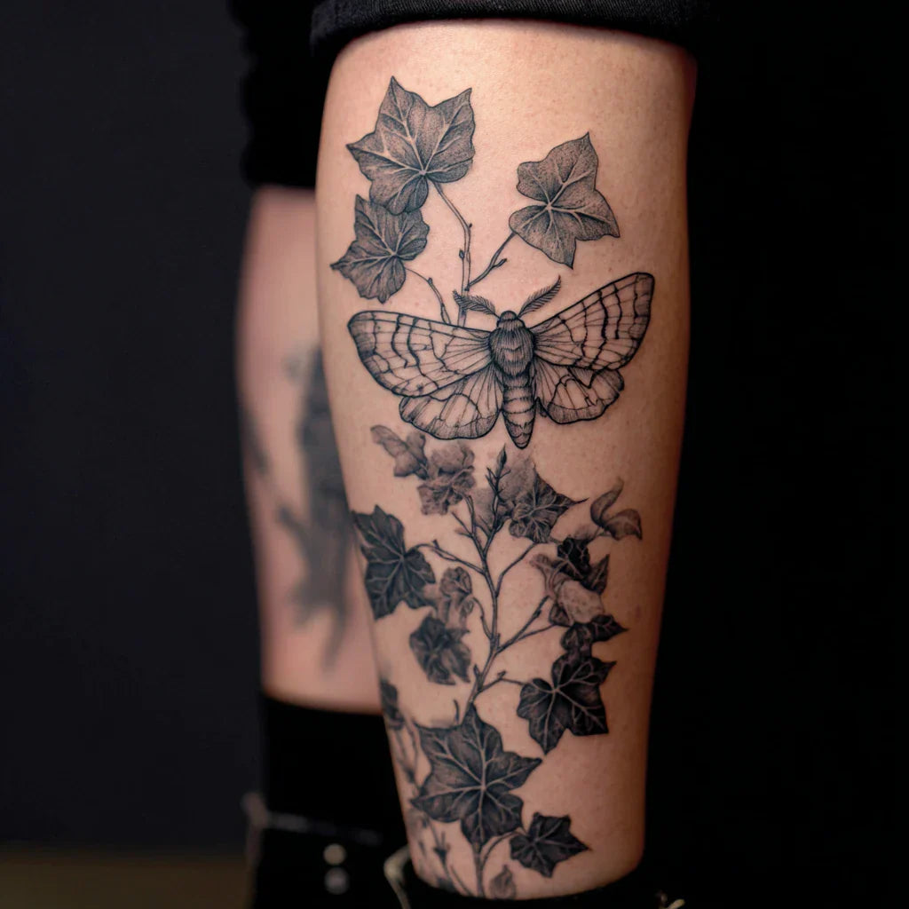 moth and ivy wrap tattoo idea design