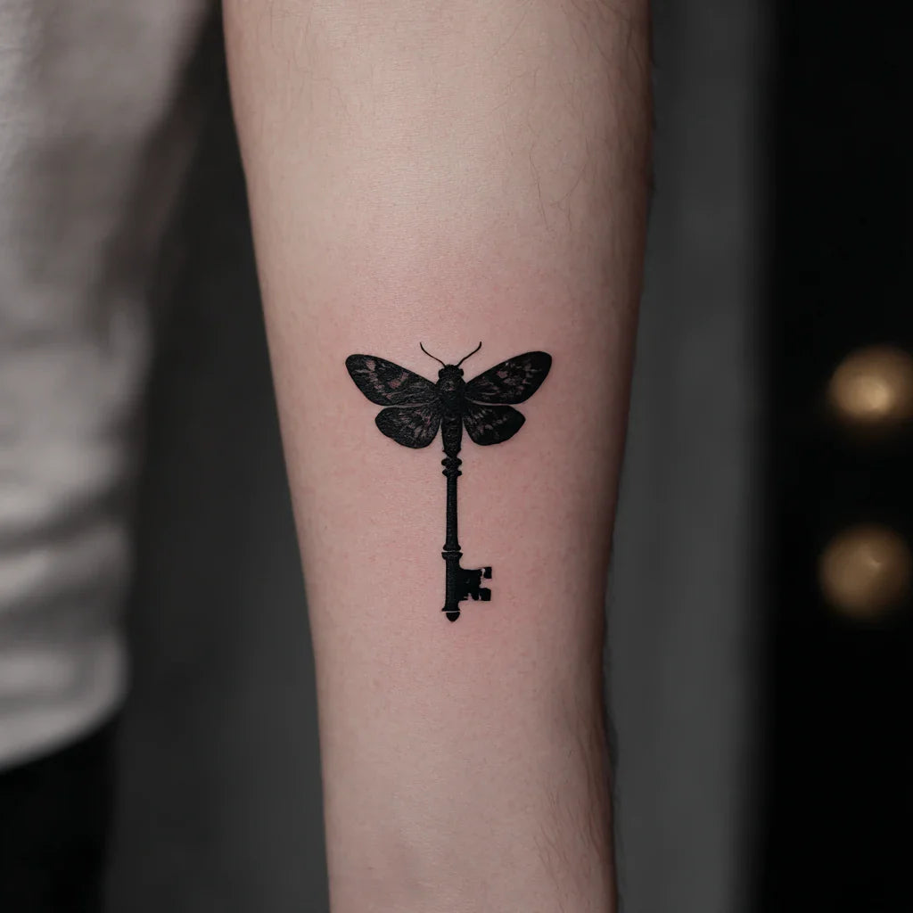 moth and key silhouette tattoo idea design