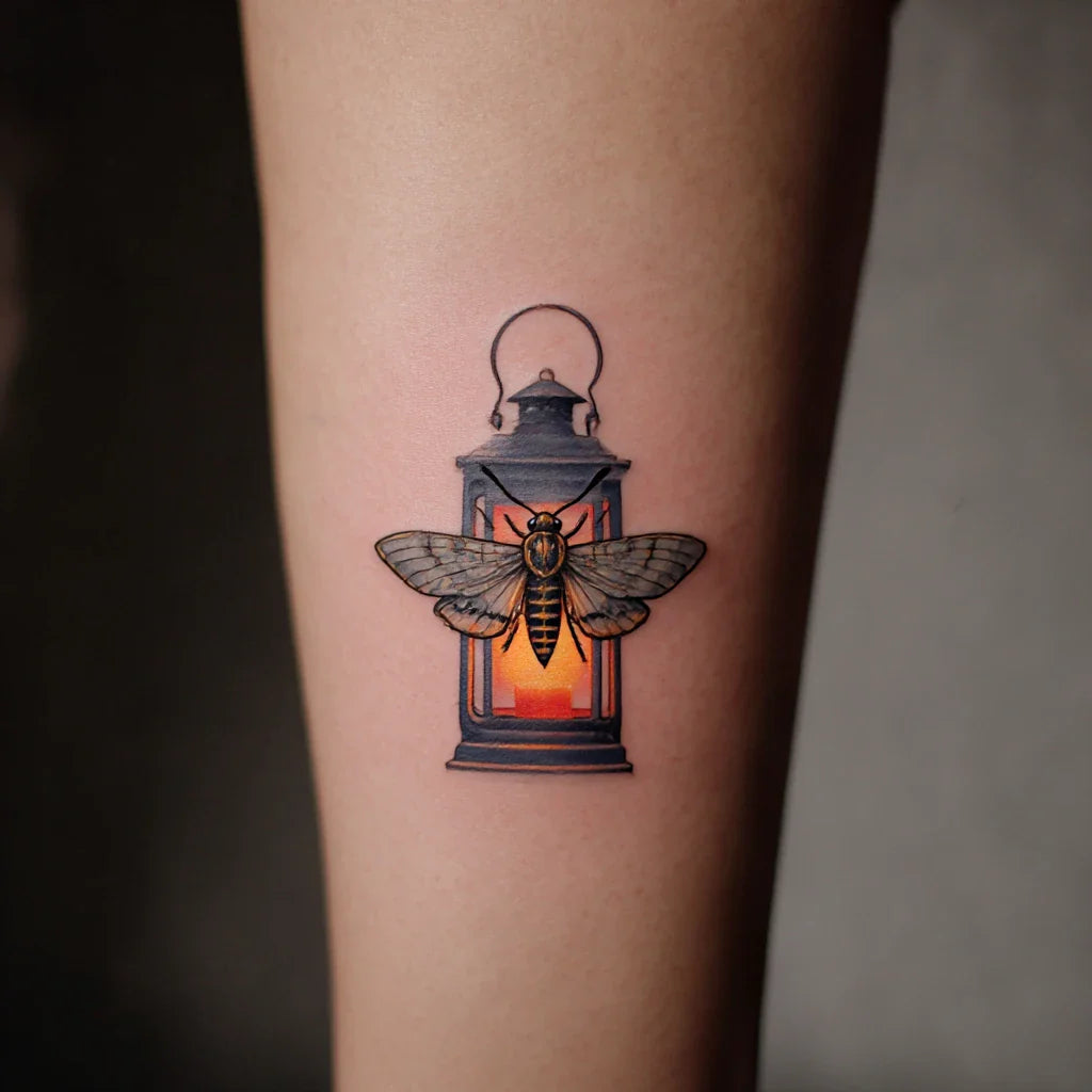moth and lantern glow tattoo idea design