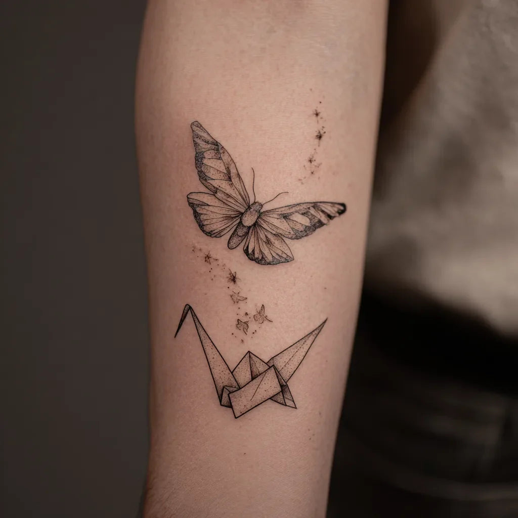 moth and paper crane tattoo idea design