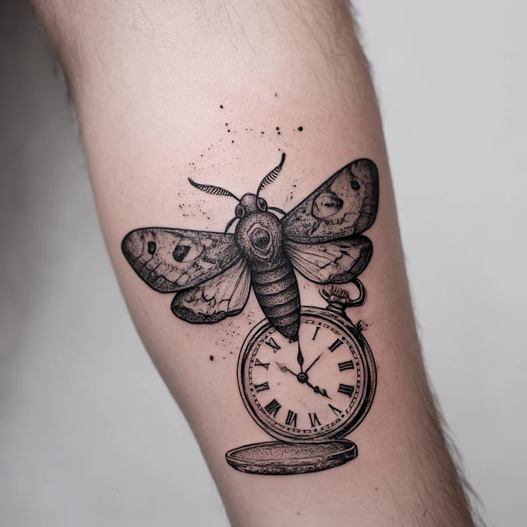 moth and pocket watch tattoo idea design