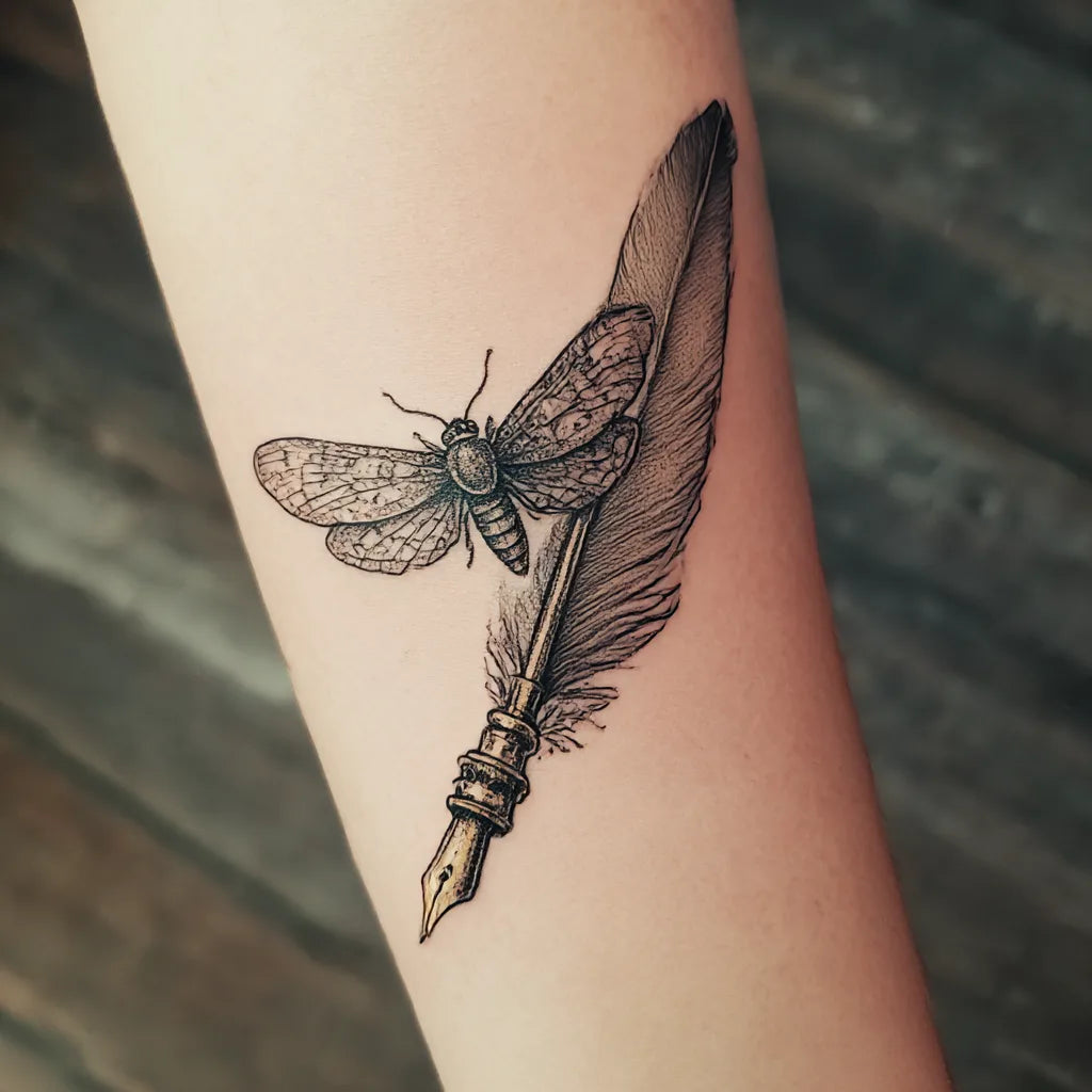 moth and quill pen tattoo idea design