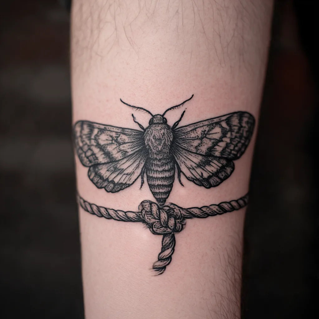 moth and rope knot tattoo idea design