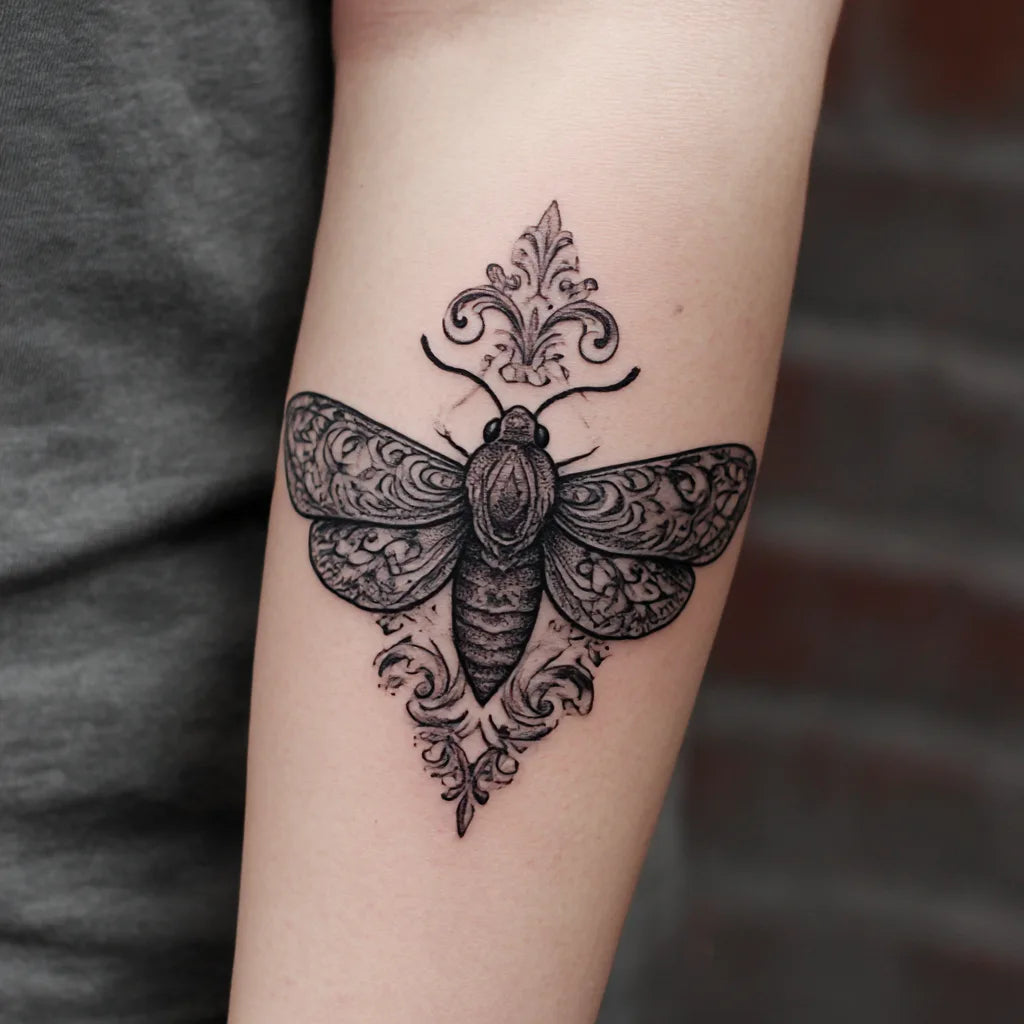 moth and scroll tattoo idea design