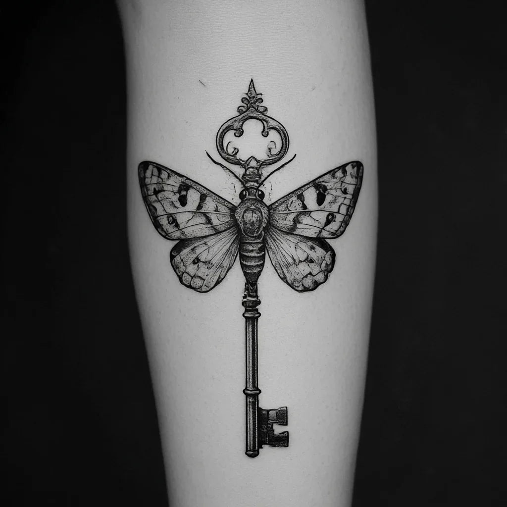 moth and skeleton key tattoo idea design