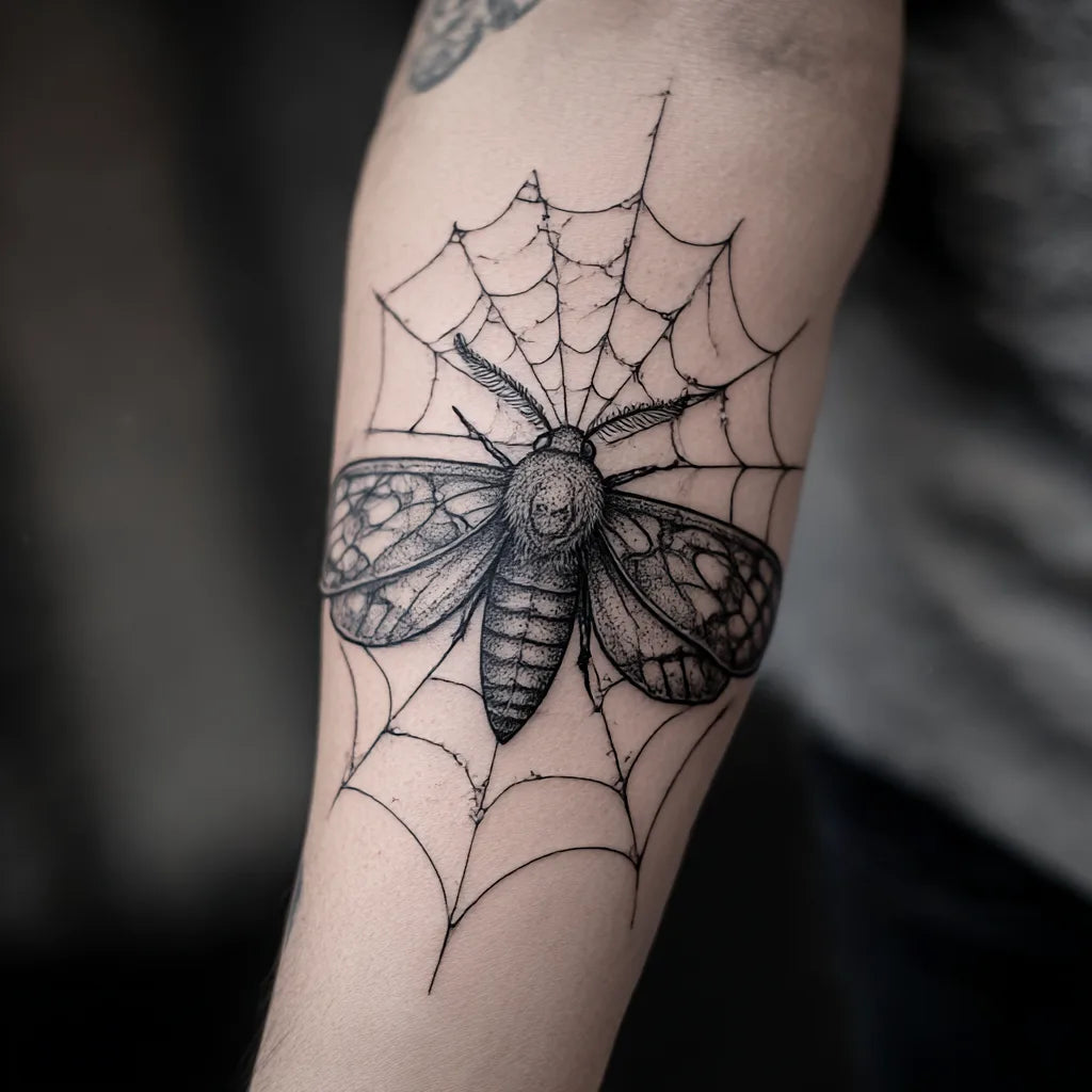 moth and spider web tattoo idea design