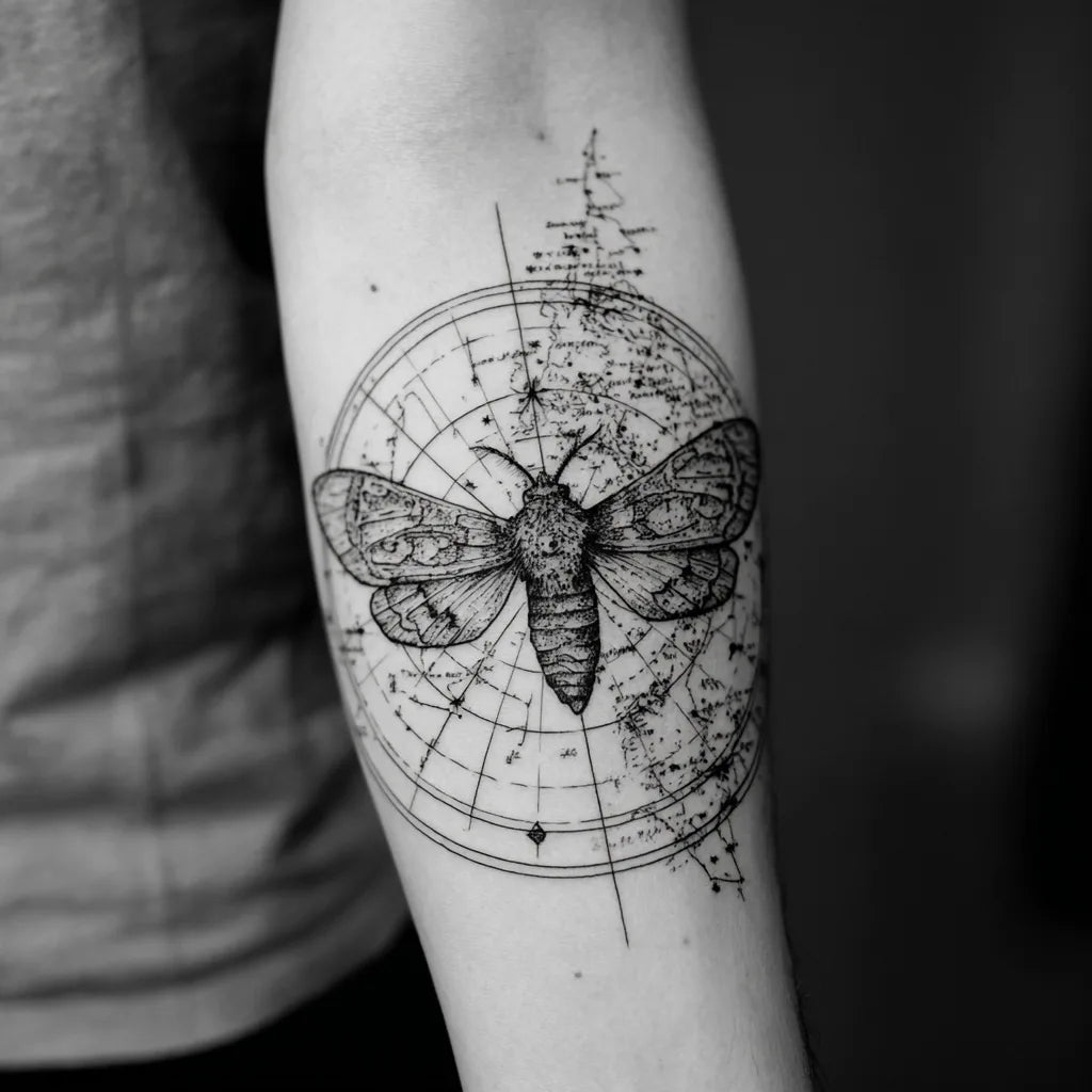 moth and star map tattoo idea design