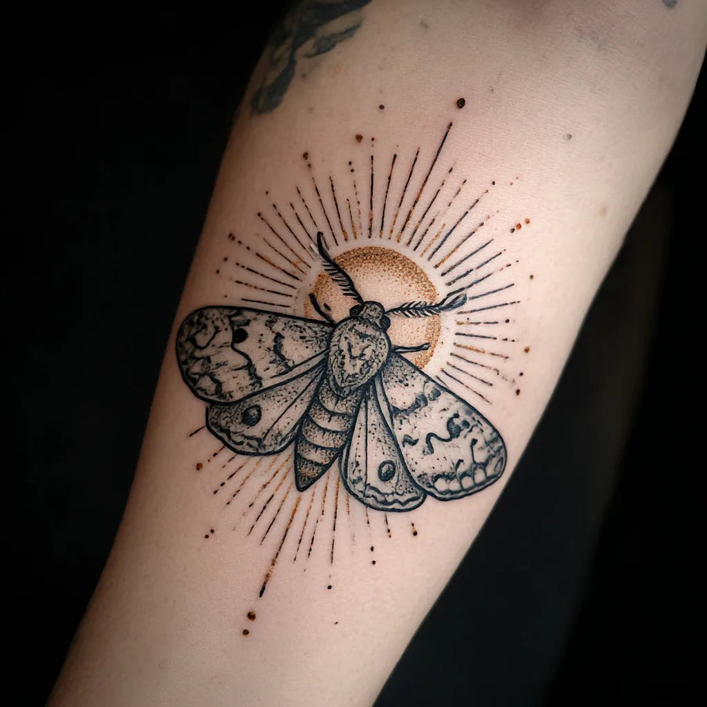 moth and sunburst tattoo idea design