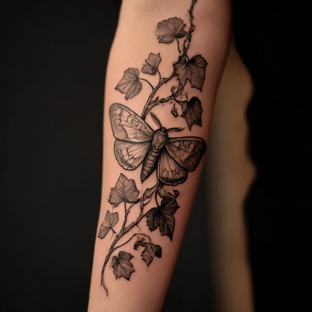 moth and vines tattoo idea design