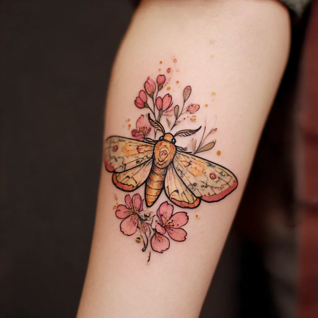 pretty moth and petals tattoo idea design