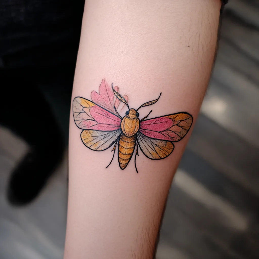 rosy maple moth tattoo idea design