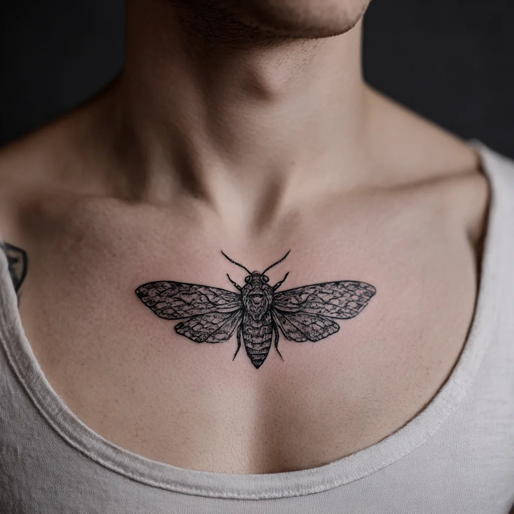 simple moth chest tattoo idea design
