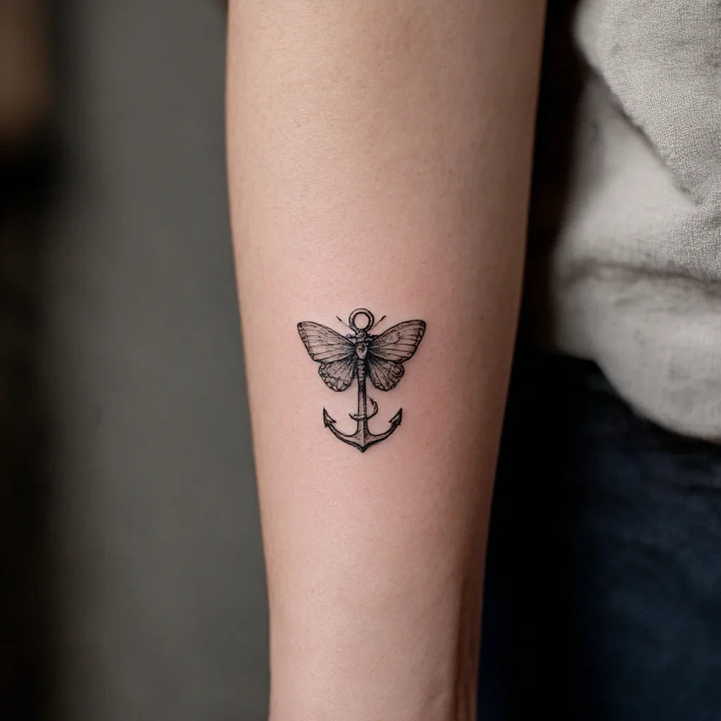 small moth and anchor tattoo idea design