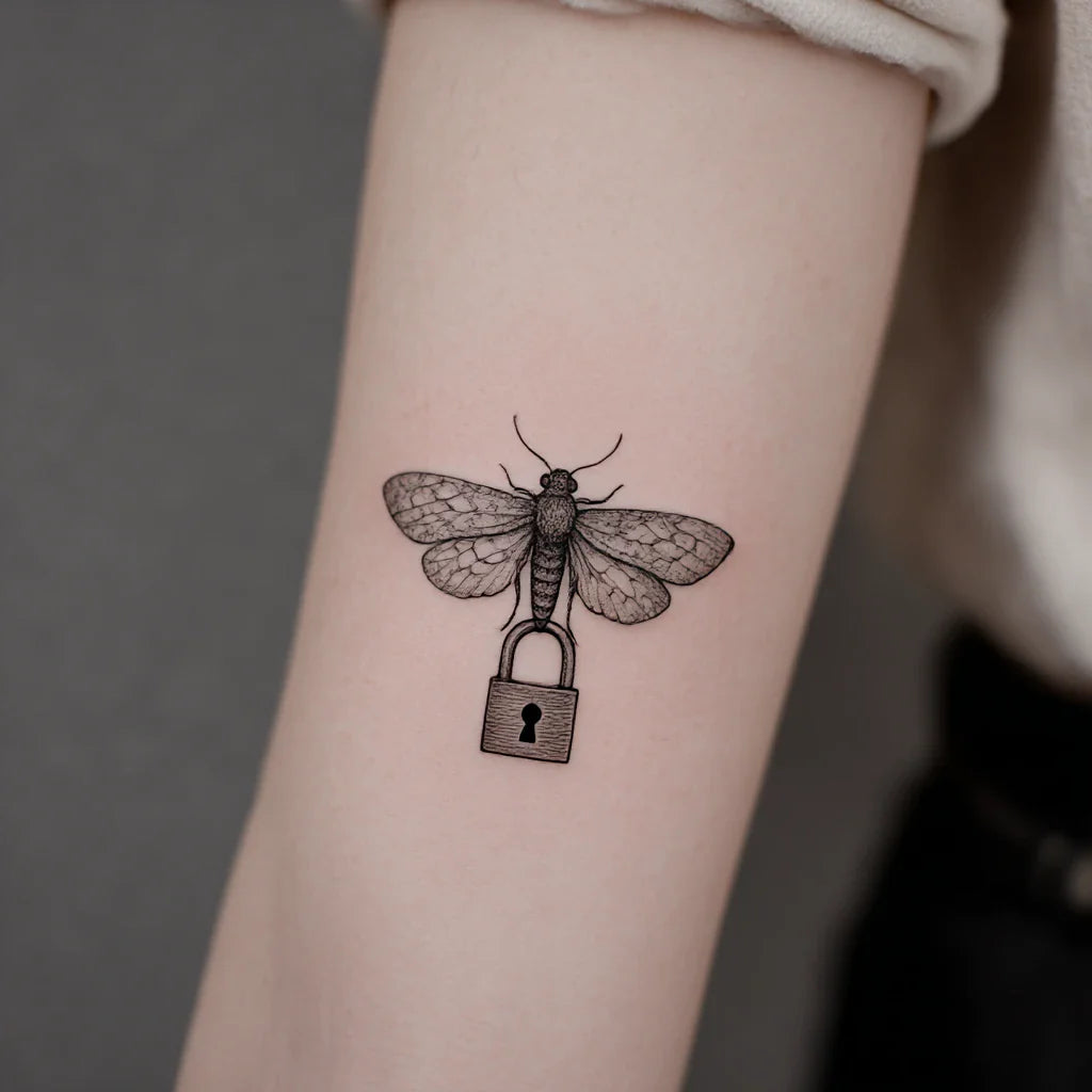 small moth and lock tattoo idea design