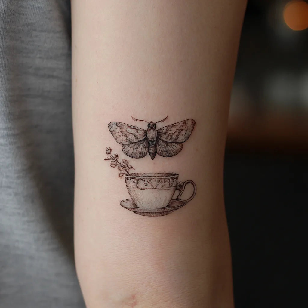 small moth and teacup tattoo idea design