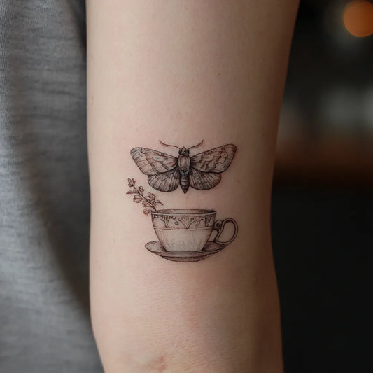 small moth and teacup tattoo idea design