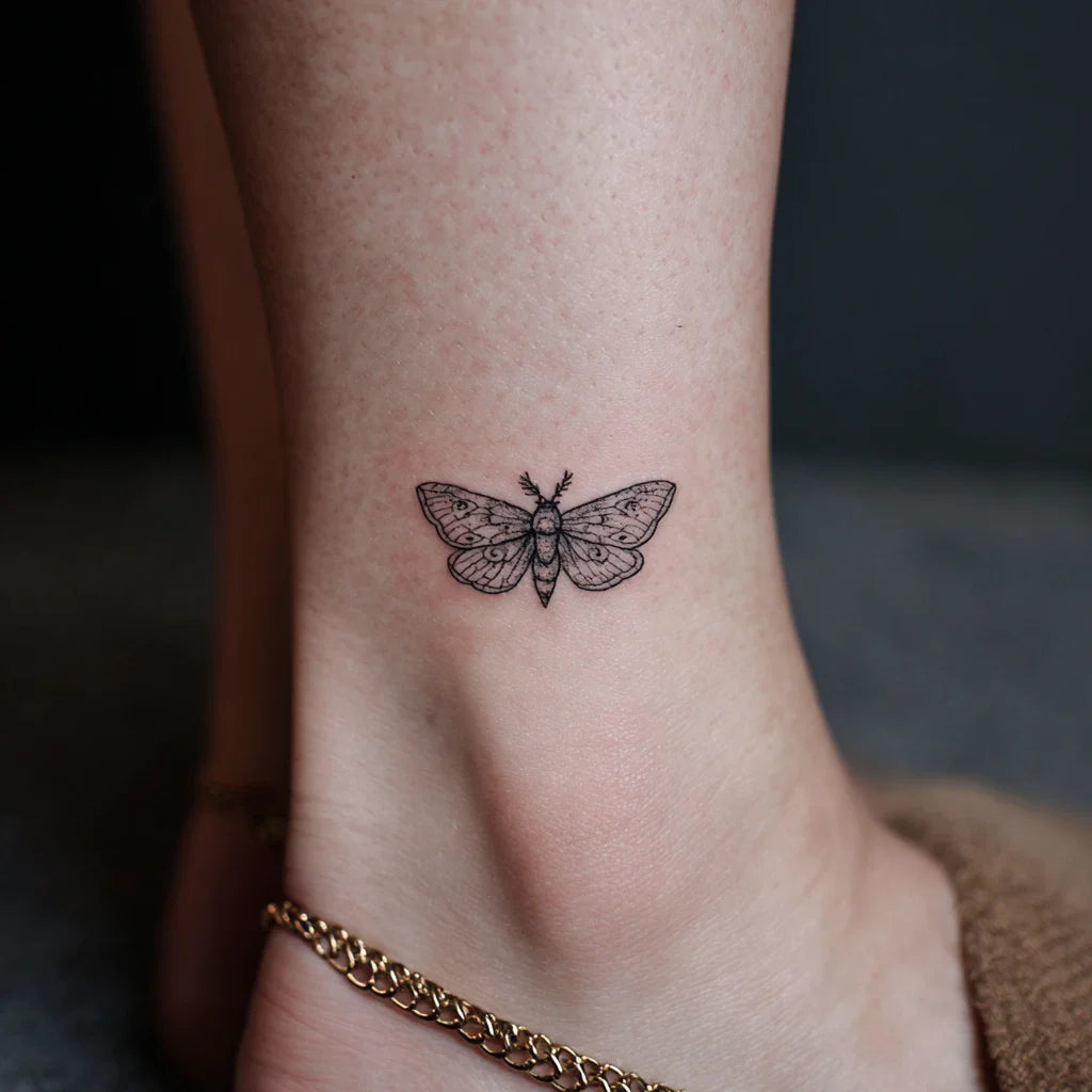 small moth ankle tattoo idea design