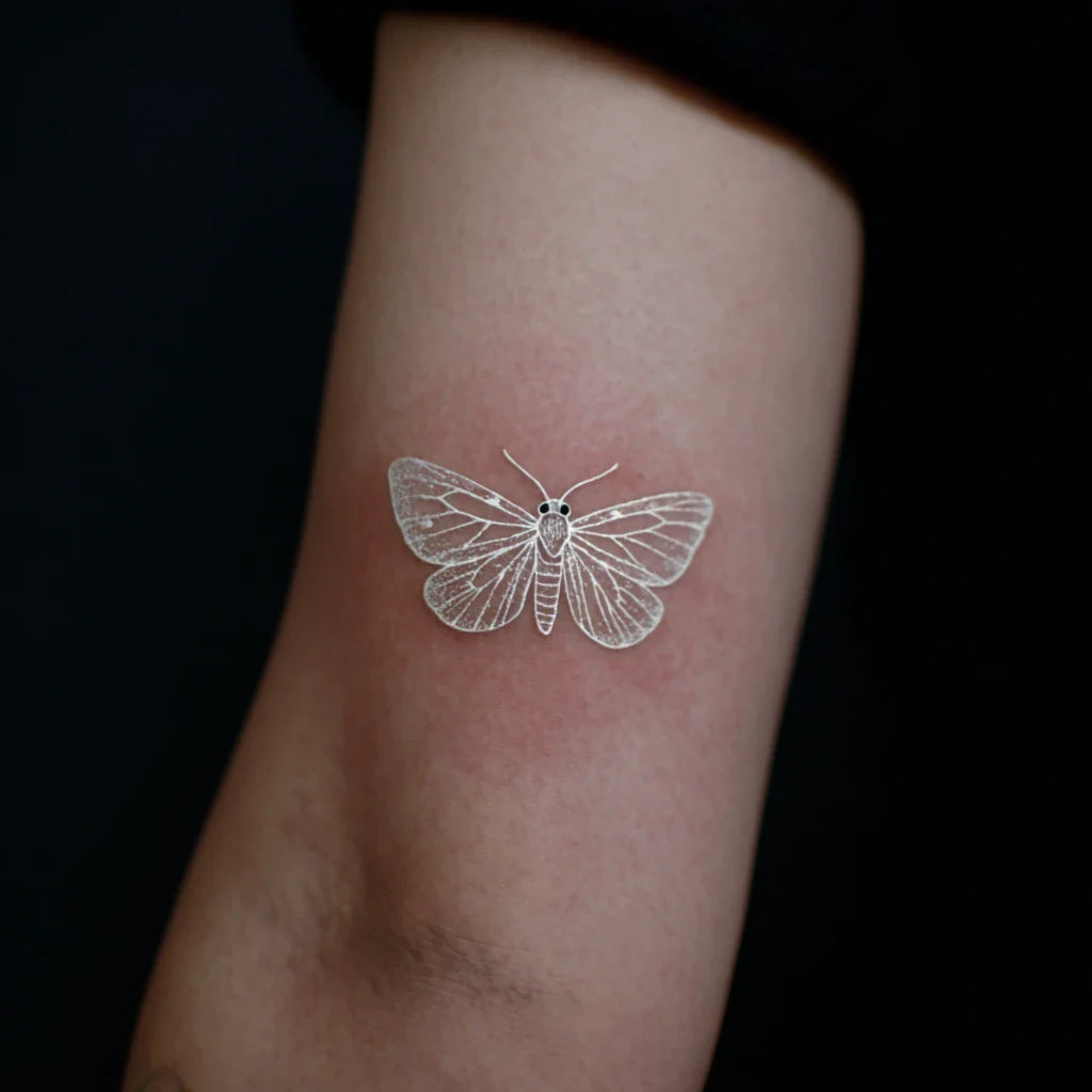 small white ink moth tattoo idea design