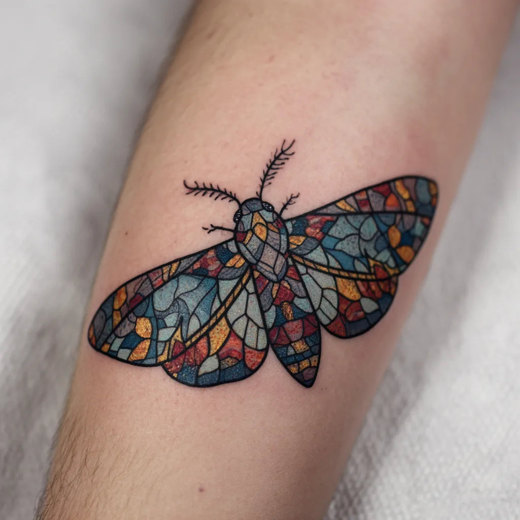 stained glass moth tattoo idea design