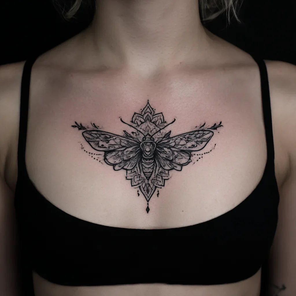sternum moth mandala tattoo idea design