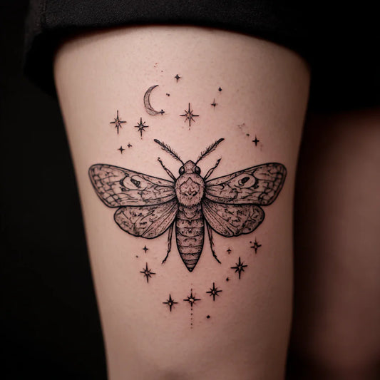 thigh moth and stars tattoo idea design