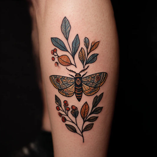 traditional moth and leaves tattoo idea design