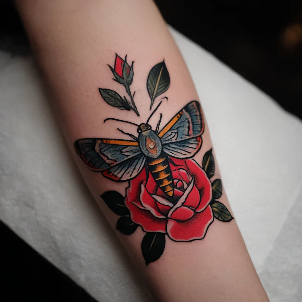traditional moth and rose tattoo idea design