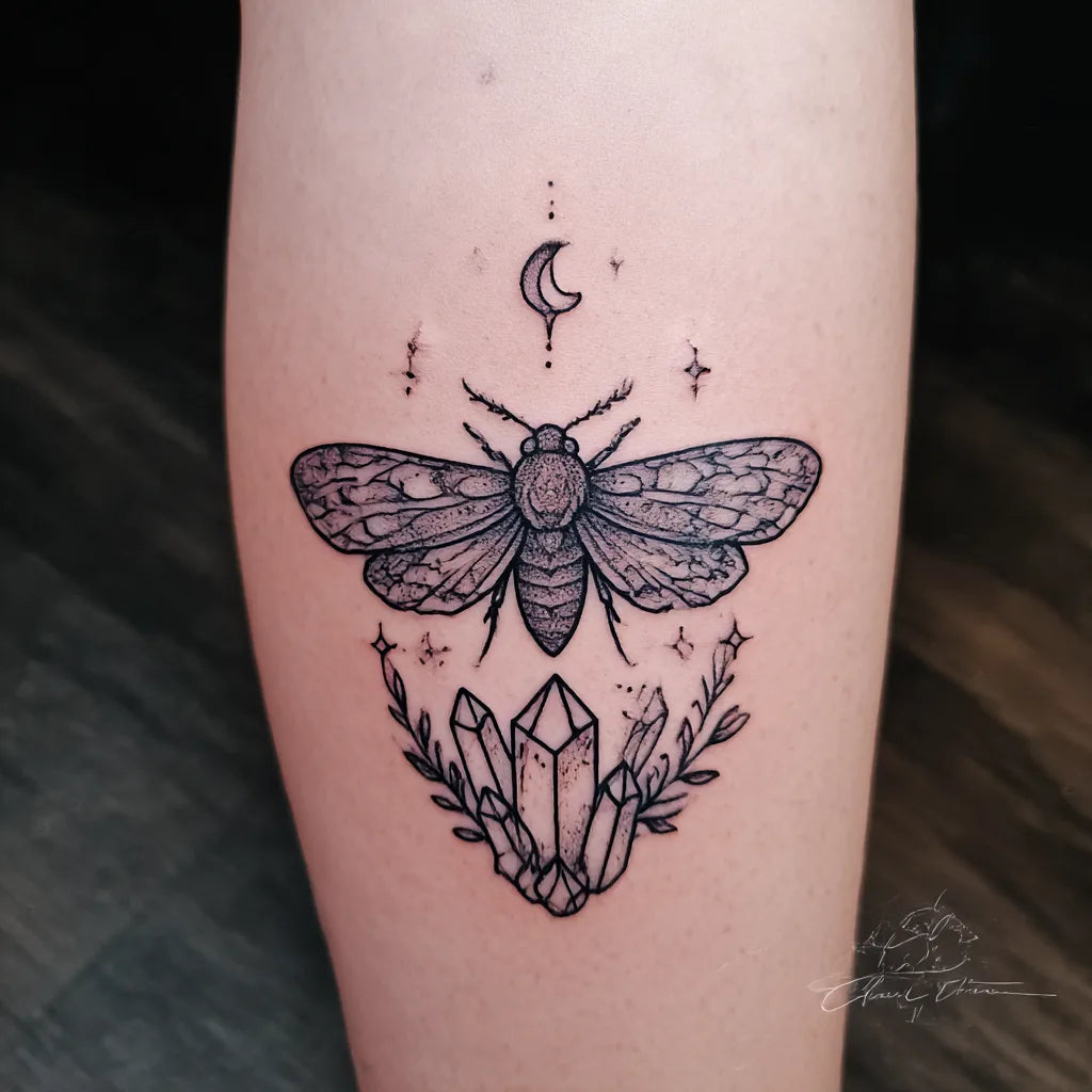 witchy moth and crystal tattoo idea design
