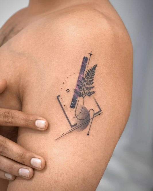 Bang Bang Basil color geometric abstract tattoo on shoulder