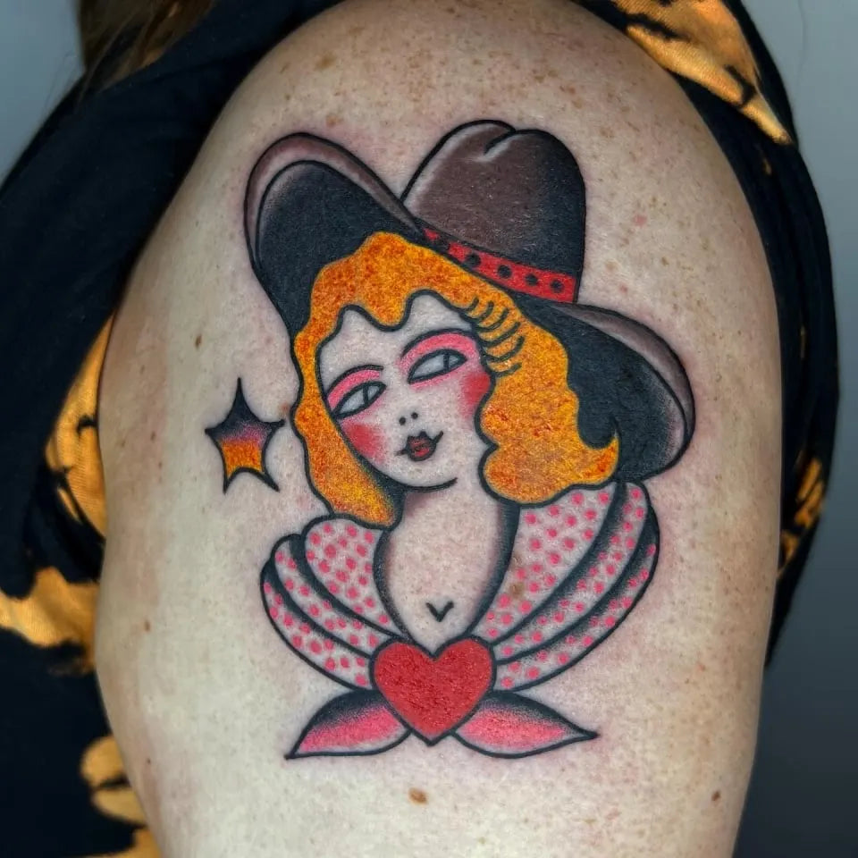 american traditional woman with cowboy hat tattoo