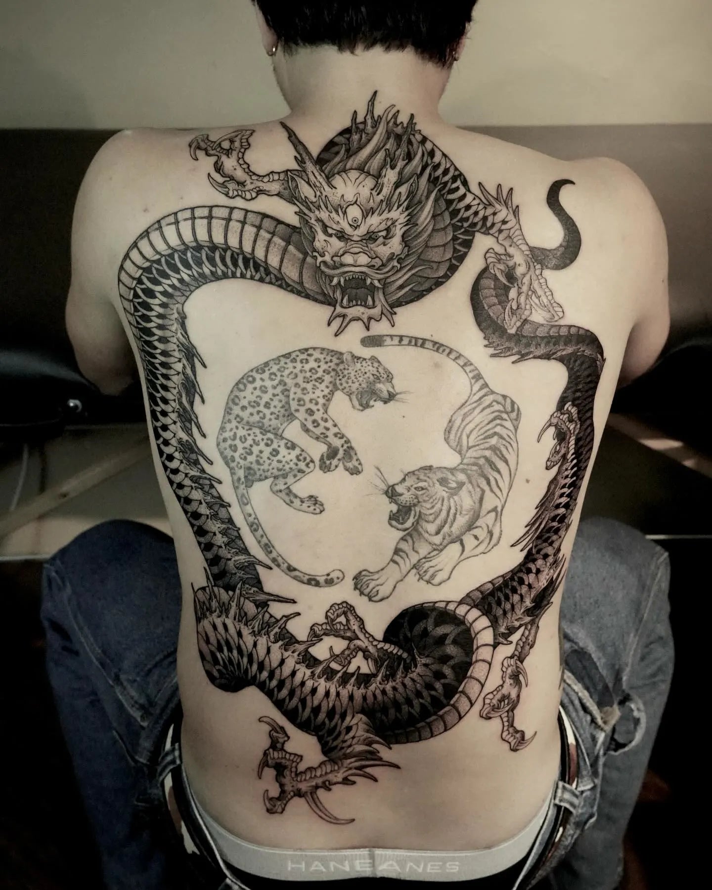 traditional thai dragon and tigers tattoo on man back