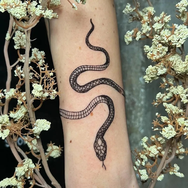black and grey snake tattoo on forearm