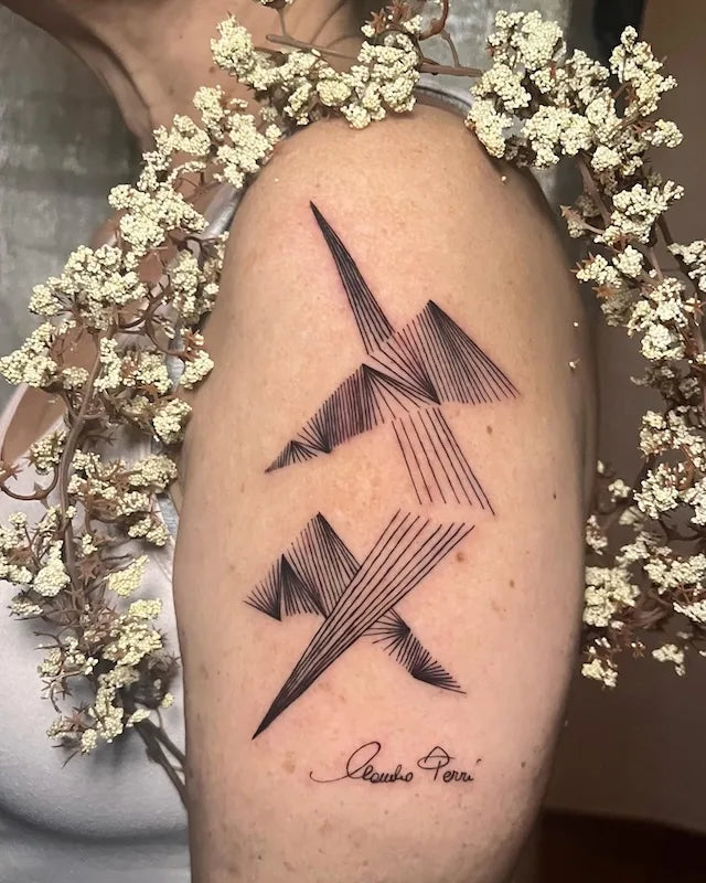 geometric fine line paper crane tattoos