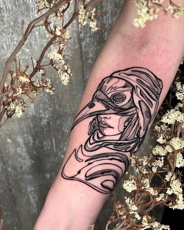 bird woman fine line black and grey tattoo on forearm