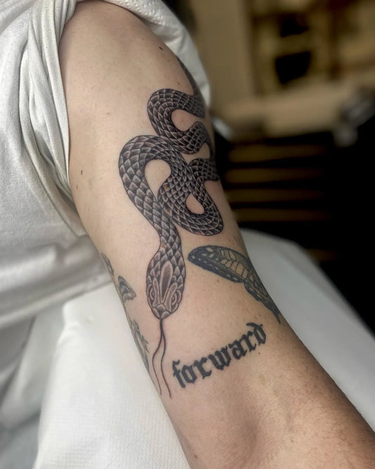black and grey detailed snake tattoo on upper arm