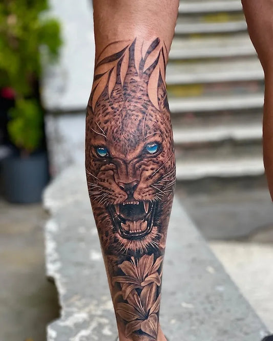 black and grey realistic blue eyes leopard and flower tattoo leg sleeve