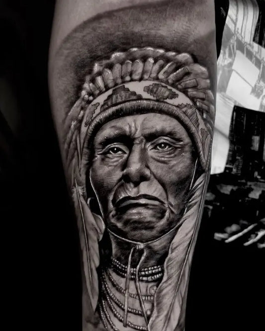 black and grey native american portrait tattoo