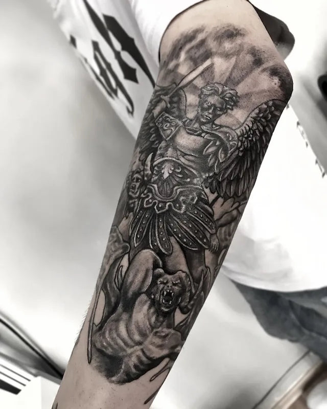 black and grey angel and demon tattoo half arm sleeve