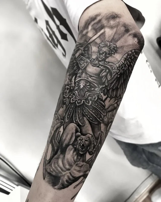 black and grey angel and demon tattoo half arm sleeve