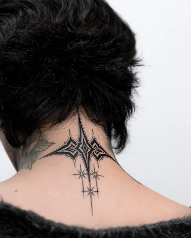 blackwork abstract stars tattoo on neck back