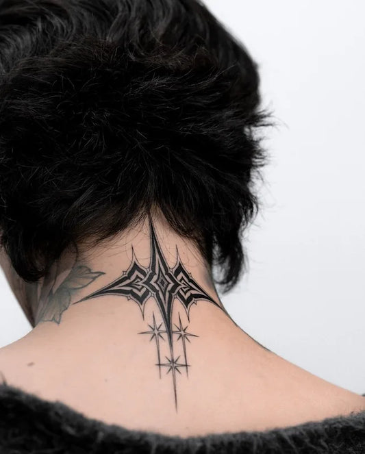 blackwork abstract stars tattoo on neck back