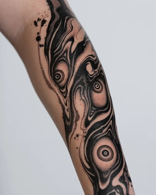 abstract blackwork creepy marble eyes tattoo on forearm