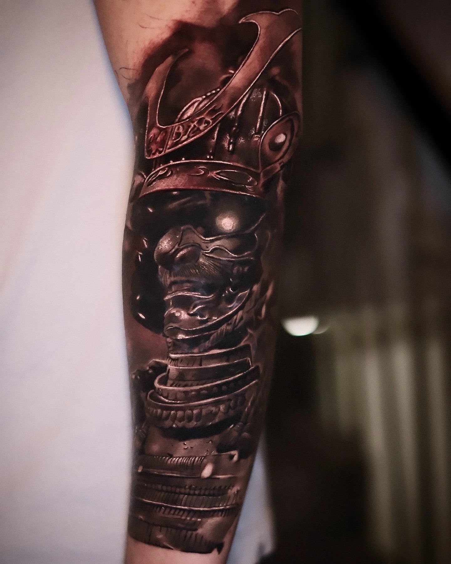 anubis samurai helmet forearm realism tattoo