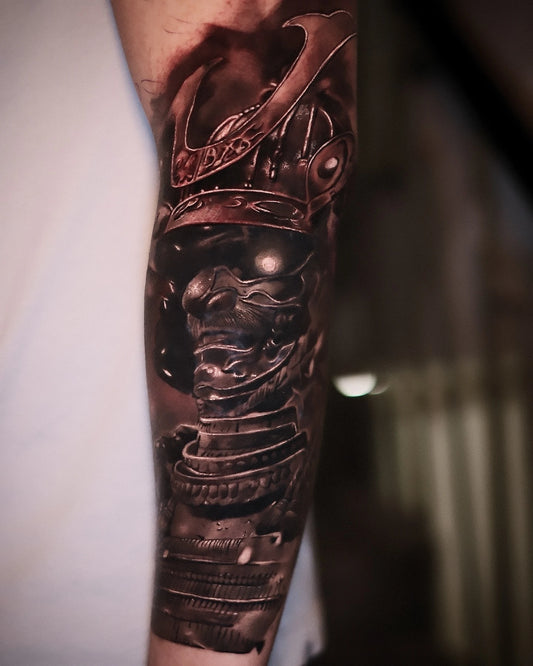 anubis samurai helmet forearm realism tattoo