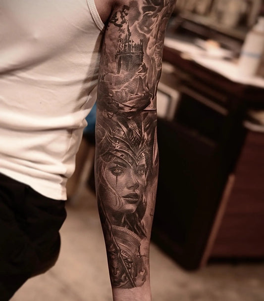 realism woman portrait full arm sleeve tattoo