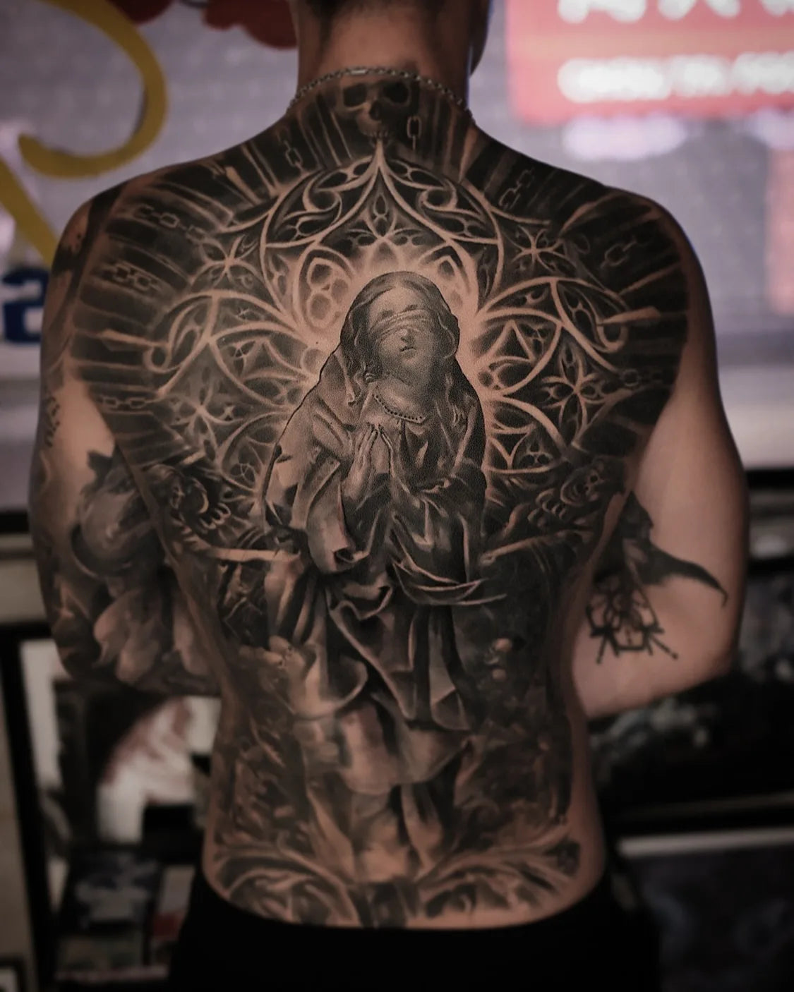 black and grey realism religious full back tattoo