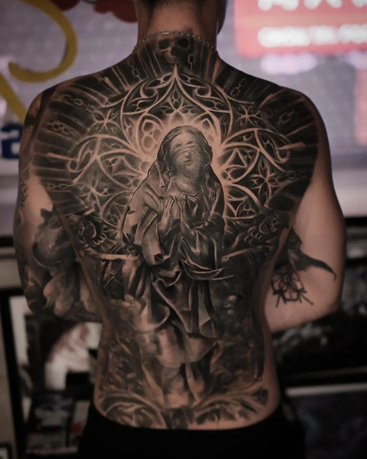 black and grey realism religious full back tattoo