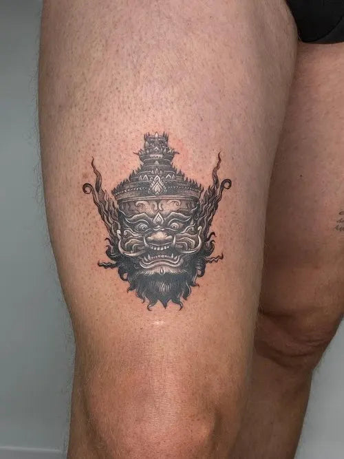 realistic foo dog thigh tattoo