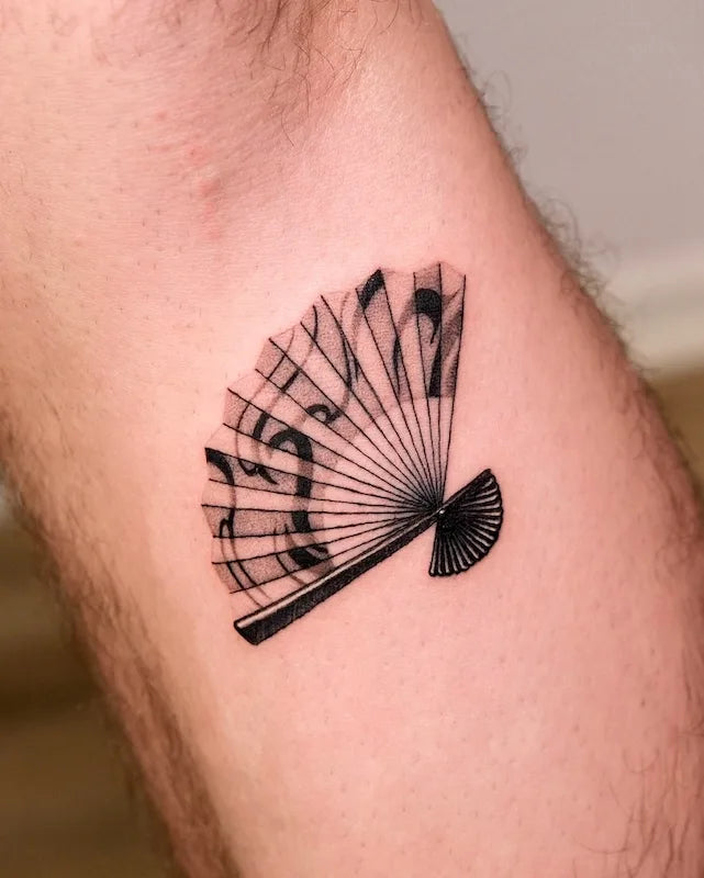 black and grey dotwork japanese fan tattoo