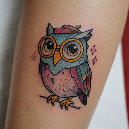 Wise Owl With Glasses Tattoo